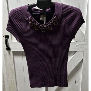 R.E.Q Women's Top Ribbed, Stretchy With Embellished Neckline Purple Size M